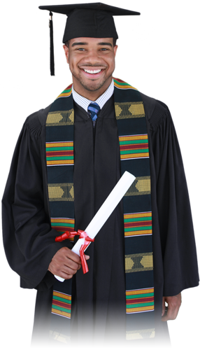 The Kente graduation stole is made of a printed black Kente design with a black fringe. This blank Kente sash is usually worn to celebrate black pride, cultural affiliations, or African heritage.
Sash Size: Approx. 5" wide x 35" long