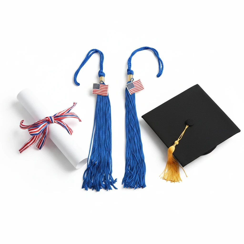 Rocky Mountain Balfour blue graduation tassels with American flag charms next to a diploma and graduation cap
