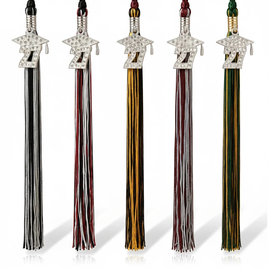 Rocky Mountain Balfour 2027 graduation tassels with rhinestone-encrusted cap charms in various school color combinations