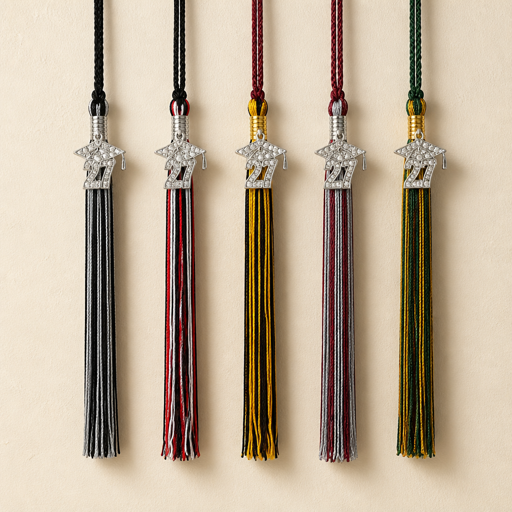 Rocky Mountain Balfour 2027 graduation tassels with rhinestone-encrusted cap charms in various school color combinations