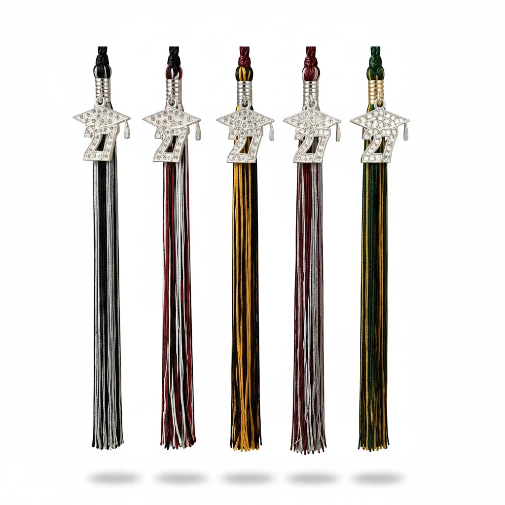 Rocky Mountain Balfour 2027 graduation cap tassels with rhinestone-encrusted charms in various school colors