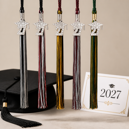 Rocky Mountain Balfour 2027 graduation tassels with rhinestone-encrusted year charms in various school colors