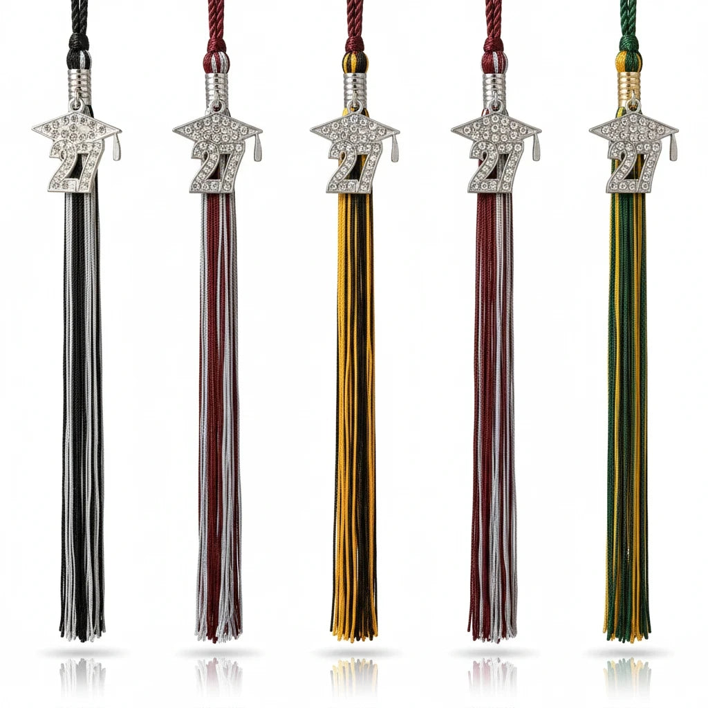 Rocky Mountain Balfour 2027 graduation cap tassels with rhinestone charms in various school color combinations
