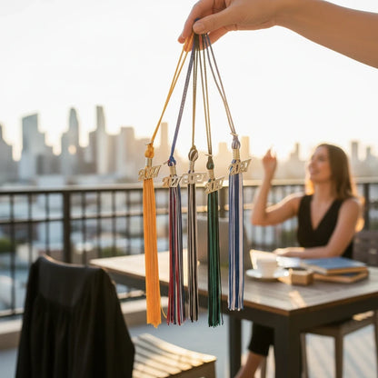 Rocky Mountain Balfour 2027 graduation souvenir tassels in various school colors held against a blurred city skyline