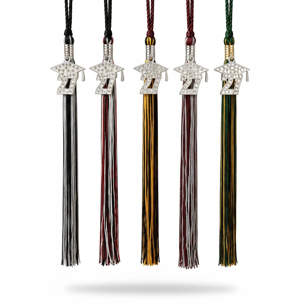 Rocky Mountain Balfour 2027 graduation tassels with rhinestone-encrusted cap and year charms in various school colors.