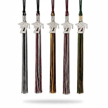 Rocky Mountain Balfour 2027 graduation tassels with rhinestone-encrusted cap and year charms in various school colors.