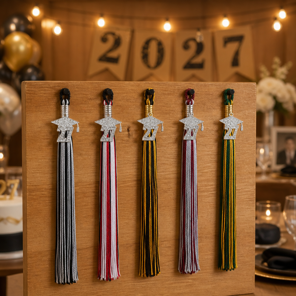 Rocky Mountain Balfour 2027 graduation cap tassels with silver rhinestone charms hanging on a wooden display board