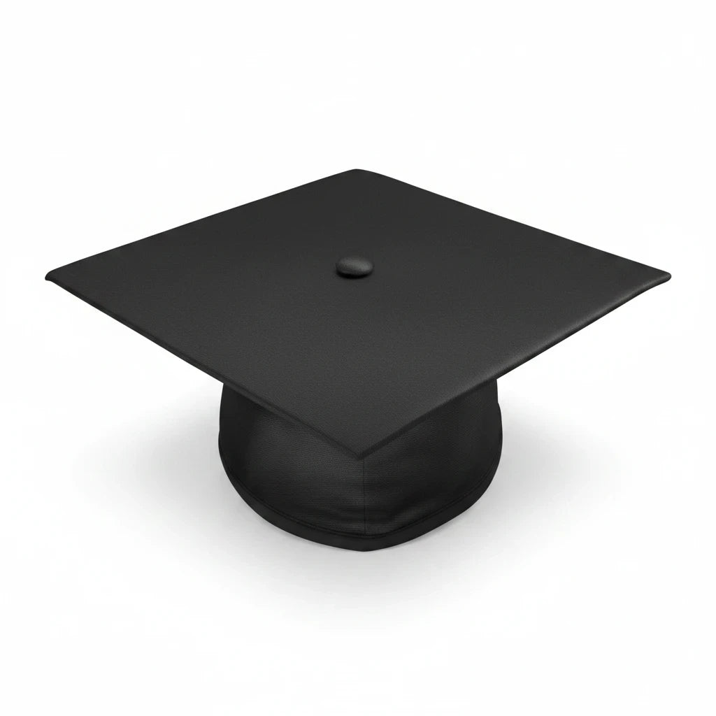 Rocky Mountain Balfour black graduation cap with a flat square top and rounded base on a white background