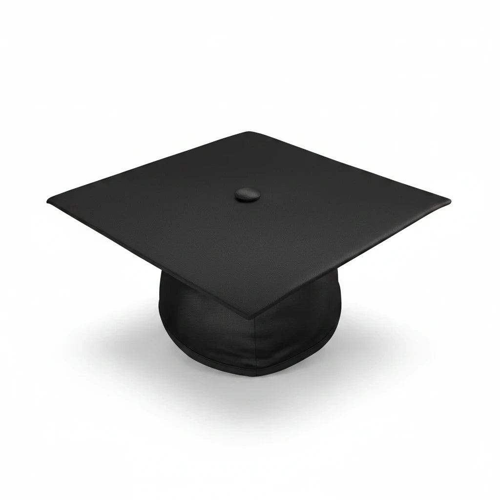 Rocky Mountain Balfour black graduation cap with a flat square top, isolated on a white background.