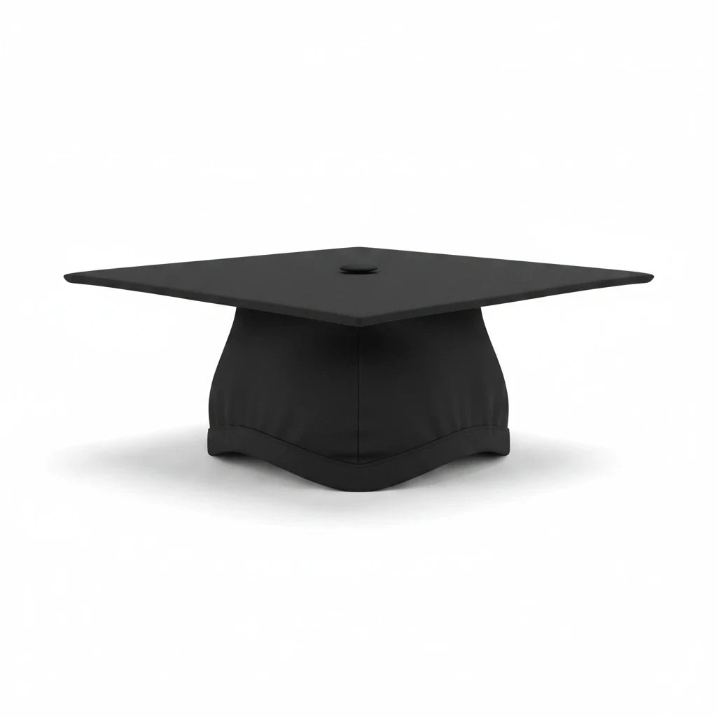 Rocky Mountain Balfour black graduation cap with a flat square mortarboard top, isolated on a white background.