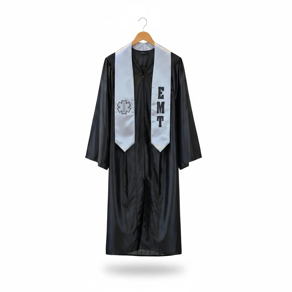 Rocky Mountain Balfour black graduation gown with a white EMT stole featuring the Star of Life emblem and EMT text.