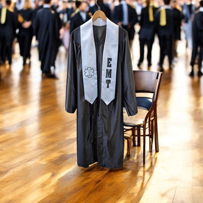 Rocky Mountain Balfour EMT graduation gown with white stole featuring Star of Life emblem and EMT lettering