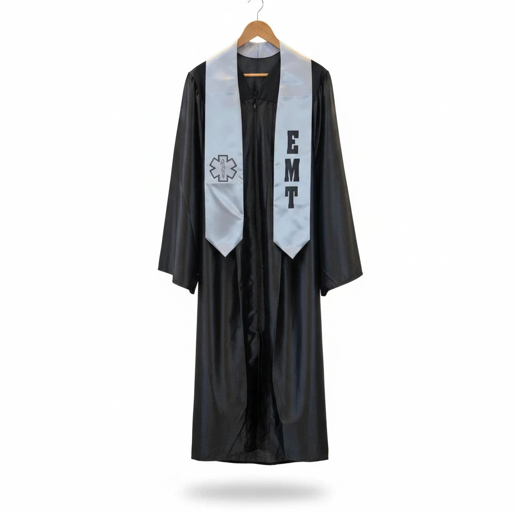 Rocky Mountain Balfour EMT graduation stole and black gown set featuring the Star of Life emblem and EMT lettering.