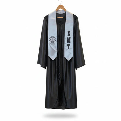 Rocky Mountain Balfour EMT graduation stole and black gown set featuring the Star of Life emblem and EMT lettering.