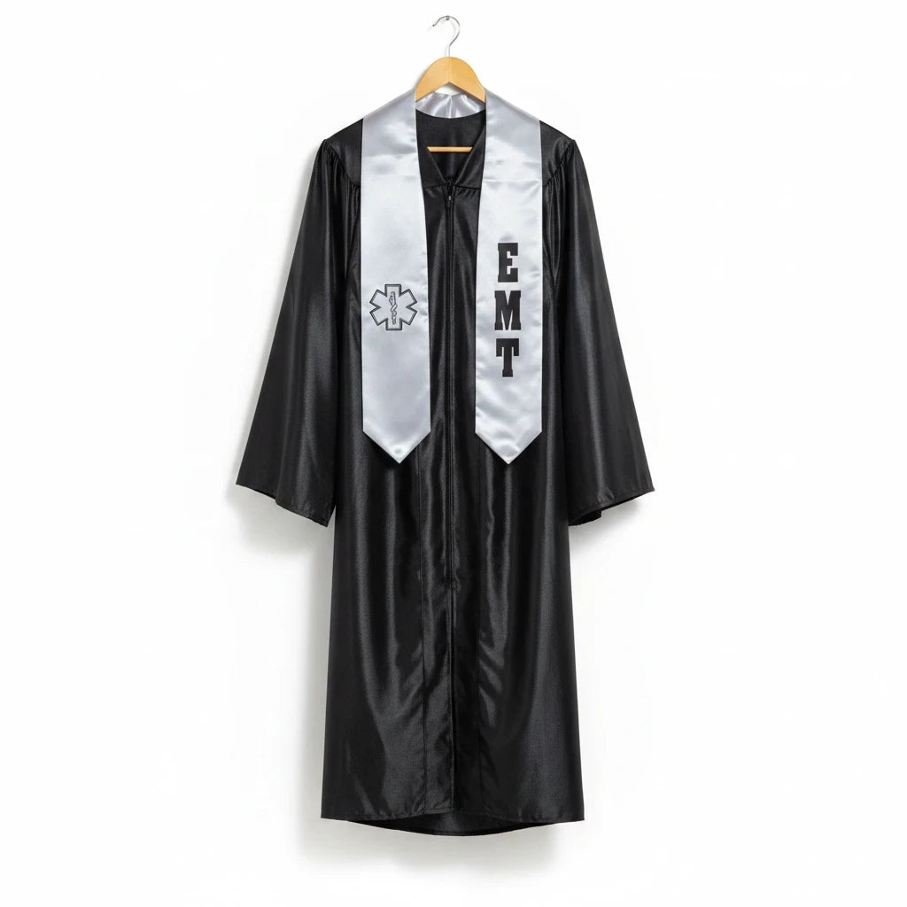 Rocky Mountain Balfour EMT graduation stole and black gown set featuring the Star of Life emblem and EMT lettering.