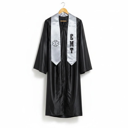 Rocky Mountain Balfour EMT graduation stole and black gown set featuring the Star of Life emblem and EMT lettering.