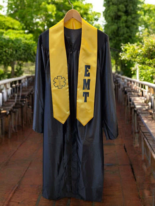 Rocky Mountain Balfour gold satin EMT graduation stole with black Star of Life emblem and EMT lettering on a gown.