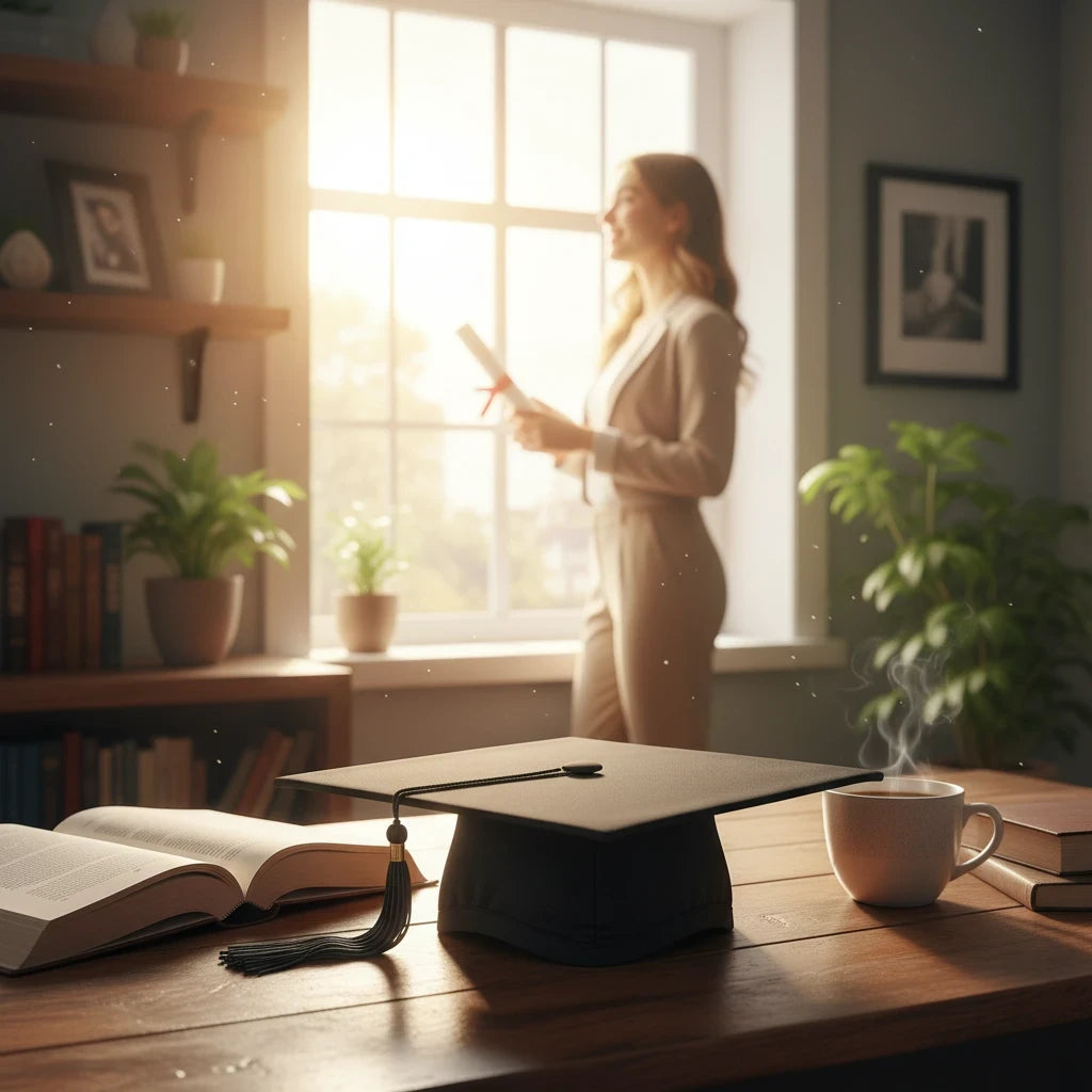 Rocky Mountain Balfour black graduation cap on a wooden desk with an open book and coffee, woman in background