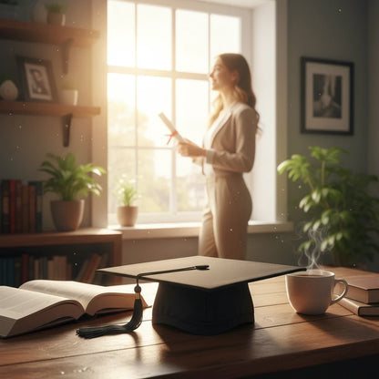 Rocky Mountain Balfour black graduation cap on a wooden desk with an open book and coffee, woman in background